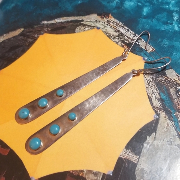 LONG Designer signed Vintage Sterling Turquoise Earrings - Picture 3 of 6